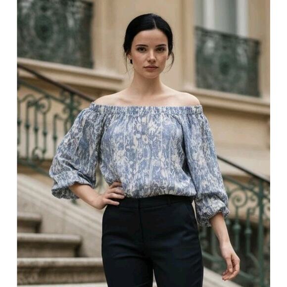 Vince Camuto Linen Blend Off Shoulder Bubble Tie Front Blouse MED Boho Peasant - Picture 2 of 10